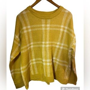 University club knits yellow white  mustard long sleeve windowpane plaid top